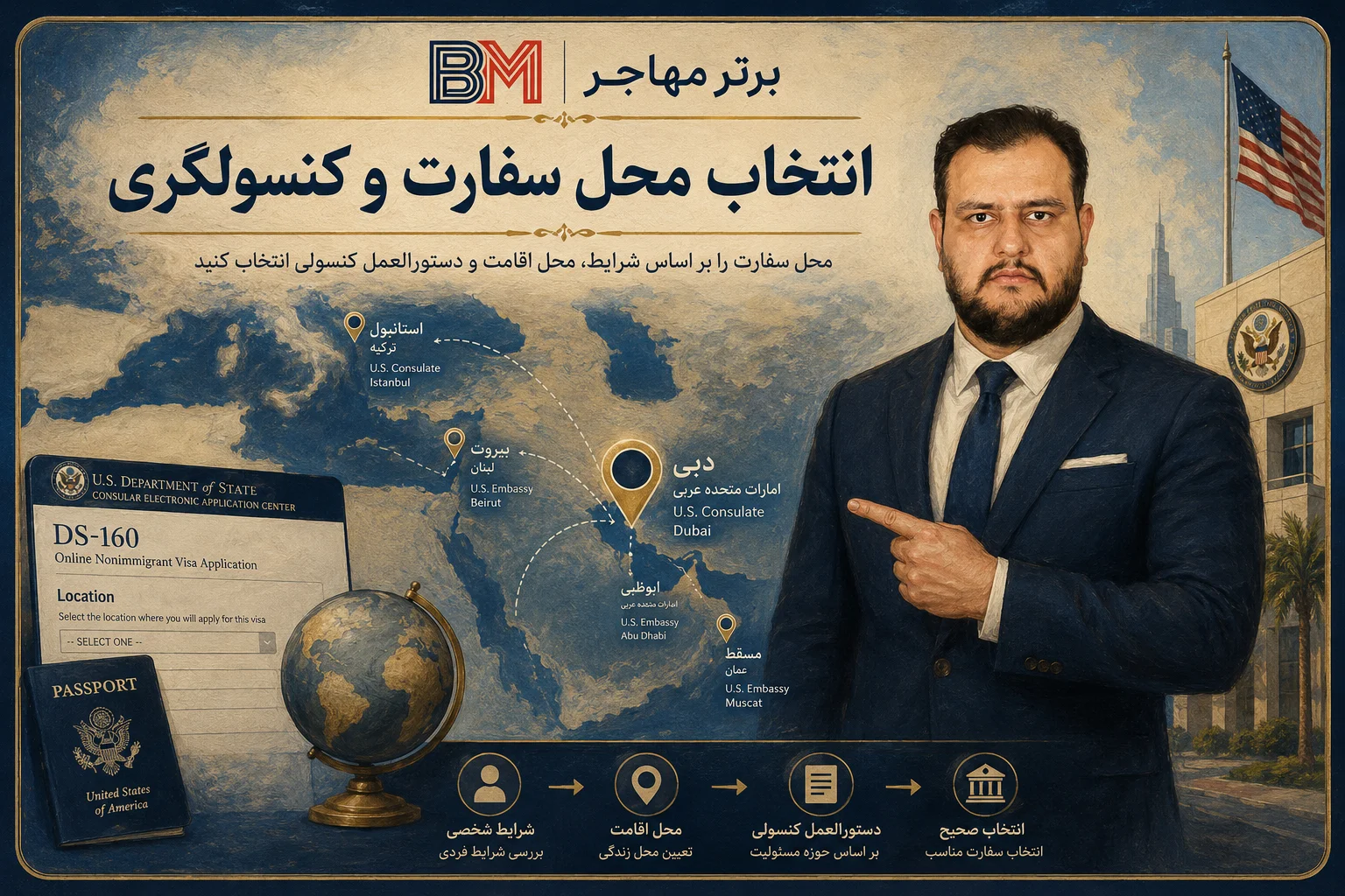 انتخاب محل سفارت آمریکا هنگام ساخت فرم DS-160