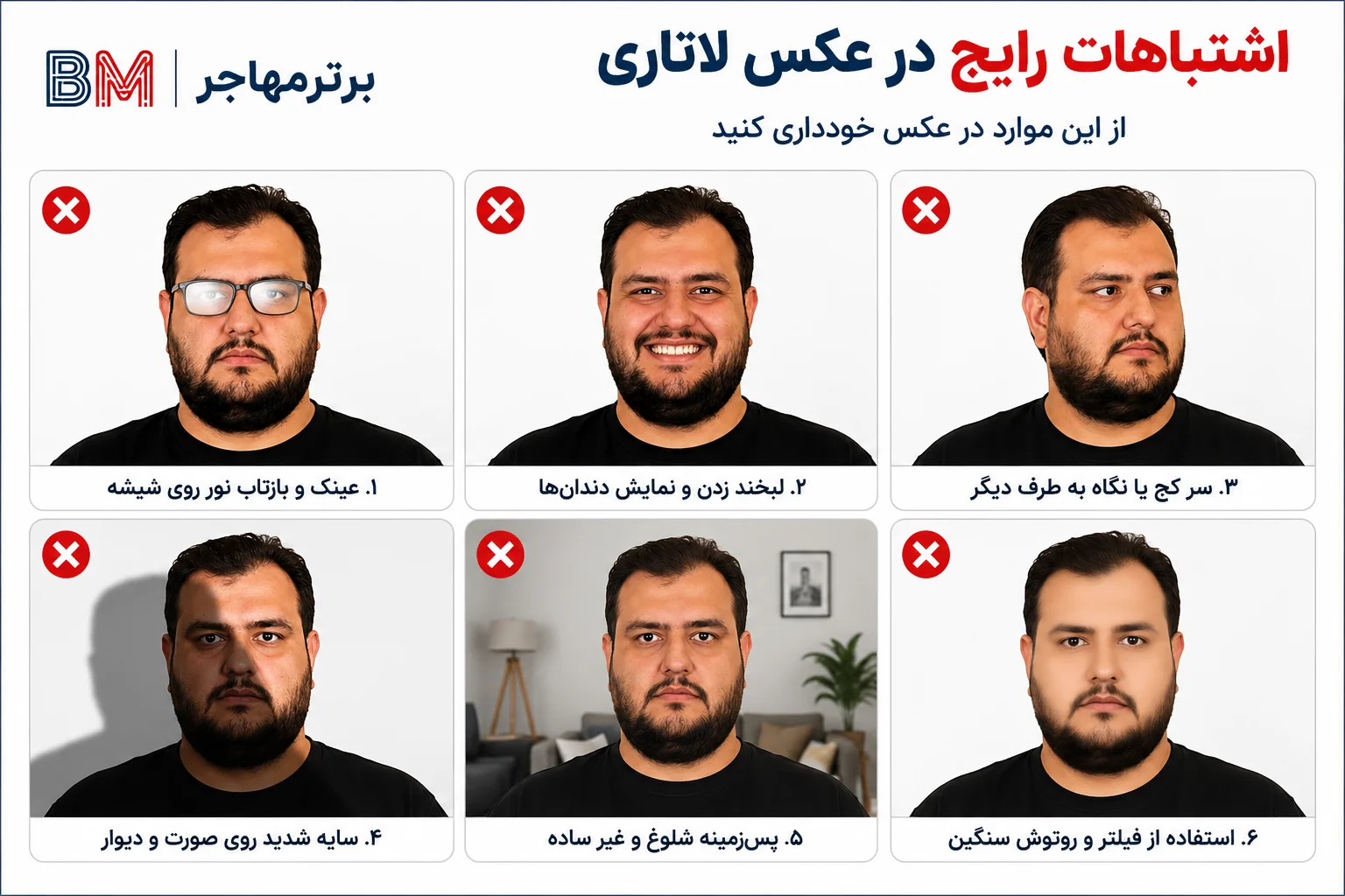 نمونه اشتباهات رایج عکس لاتاری شامل عینک، سایه، لبخند، کادر نامناسب و پس زمینه شلوغ