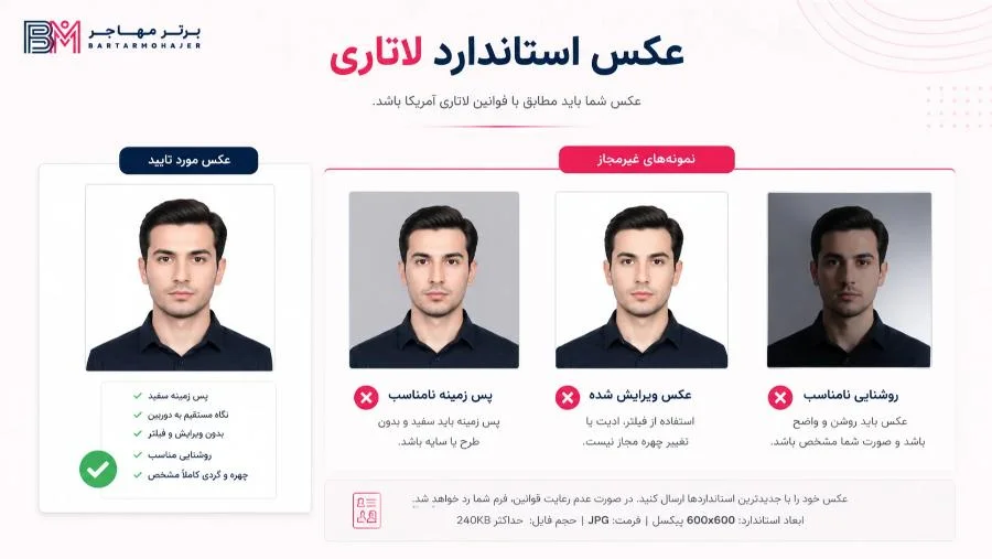 نمونه عکس استاندارد برای ثبت نام لاتاری آمریکا