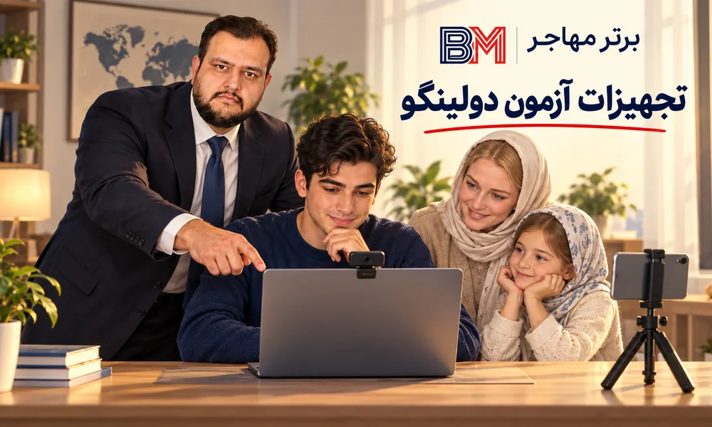 تجهیزات مورد نیاز آزمون دولینگو شامل لپ تاپ و تلفن همراه به عنوان دوربین دوم