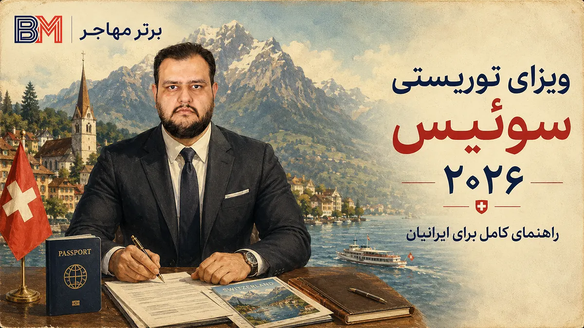 ویزای توریستی سوئیس برای ایرانیان با نمای کوه های آلپ و پاسپورت