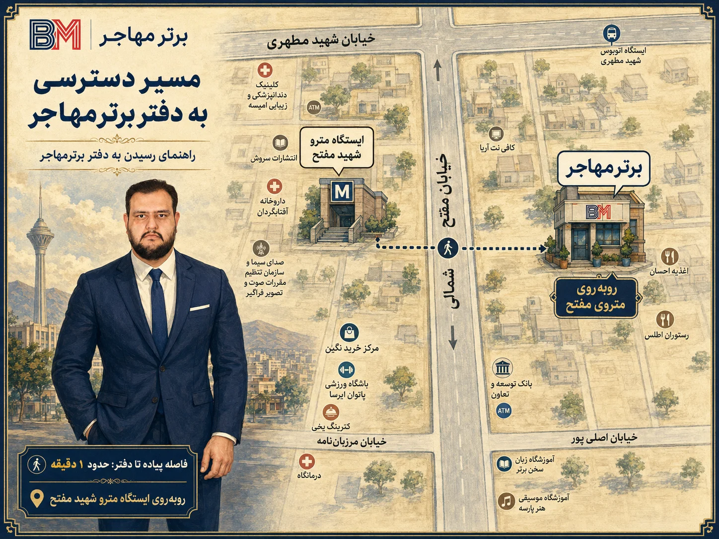 نقشه آدرس دفتر برترمهاجر در خیابان مفتح شمالی تهران